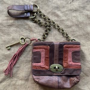 Fossil Leather Purse with Chain Link Strap Boho bohemian Retro Rare find Leather